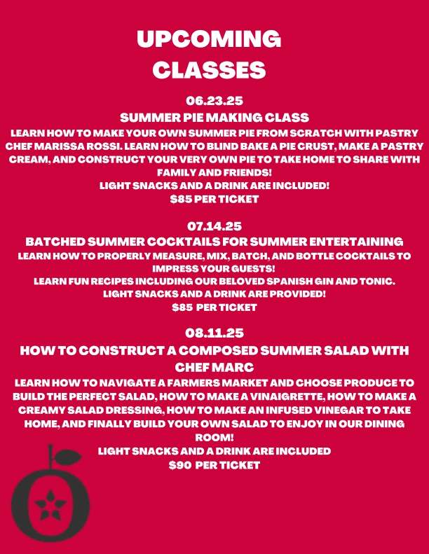 A list of upcoming cooking classes with a link to book your spot