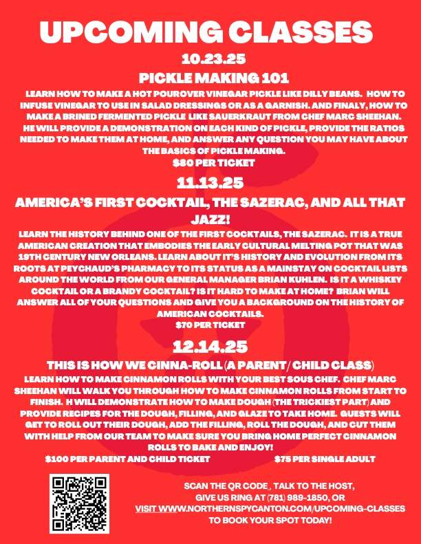 listing of upcoming classes at Northern Spy Restaruant in white lettering on a red background 