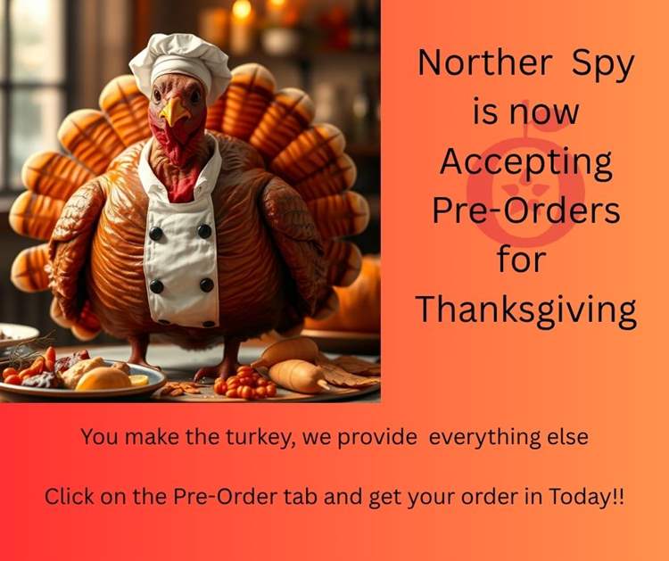 a fun graphic of a turkey in a chef's hat announcing the availability of thanksgiving pre-orders