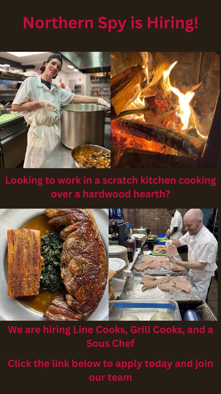 phots of cooks cooking, a lamb saddle with a potato mille feuille, a hot iron in a fire, announcing that we are hiring