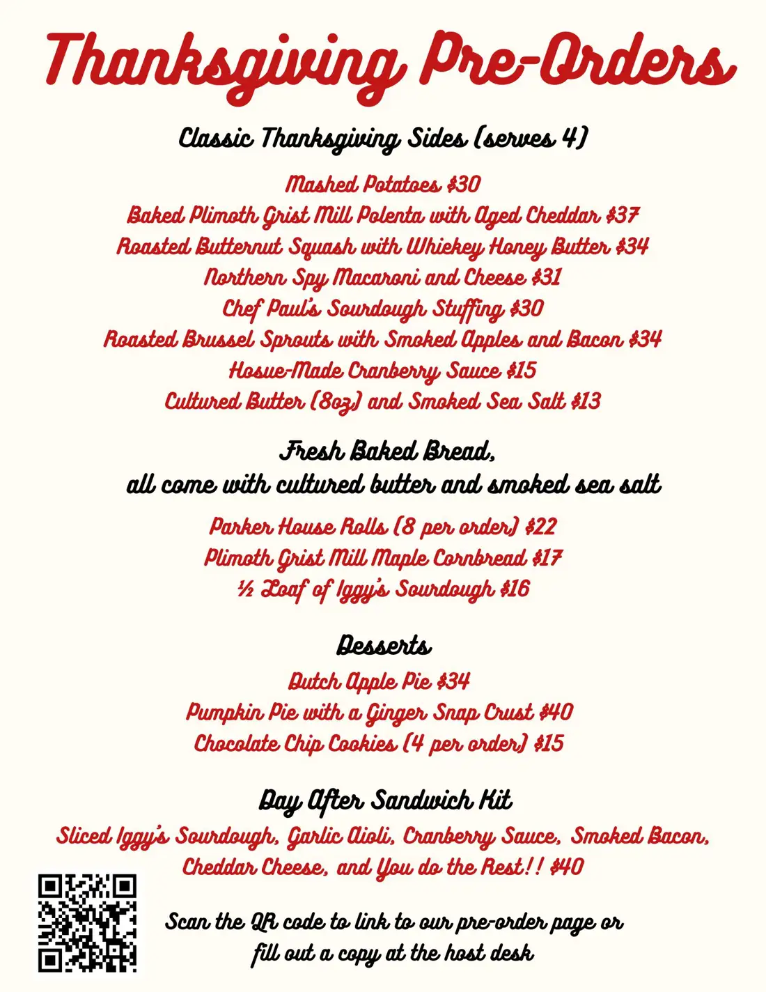 the Thanksgiving Pre-order menu with menu options and prices