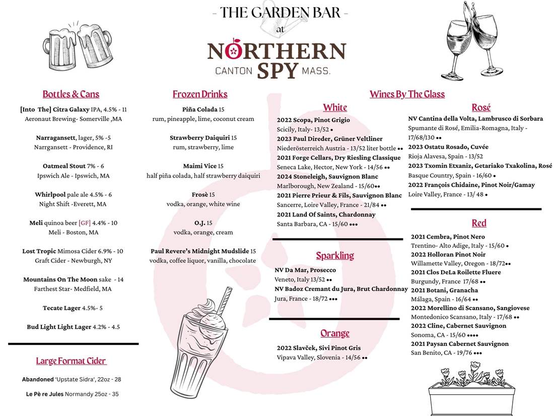 a list of alcoholic beverage options available at our pop up garden bar