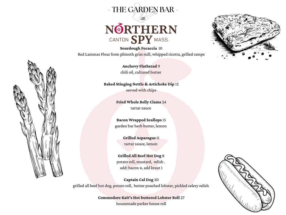 a menu with food items available at our pop up garden bar