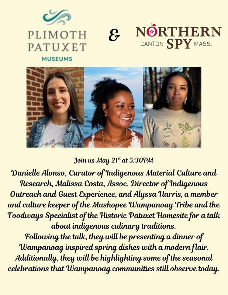 announcing an upcoming lecture and dinner focusing on indigenous foodways with 3 experts from the Plimoth Patuxet Museums